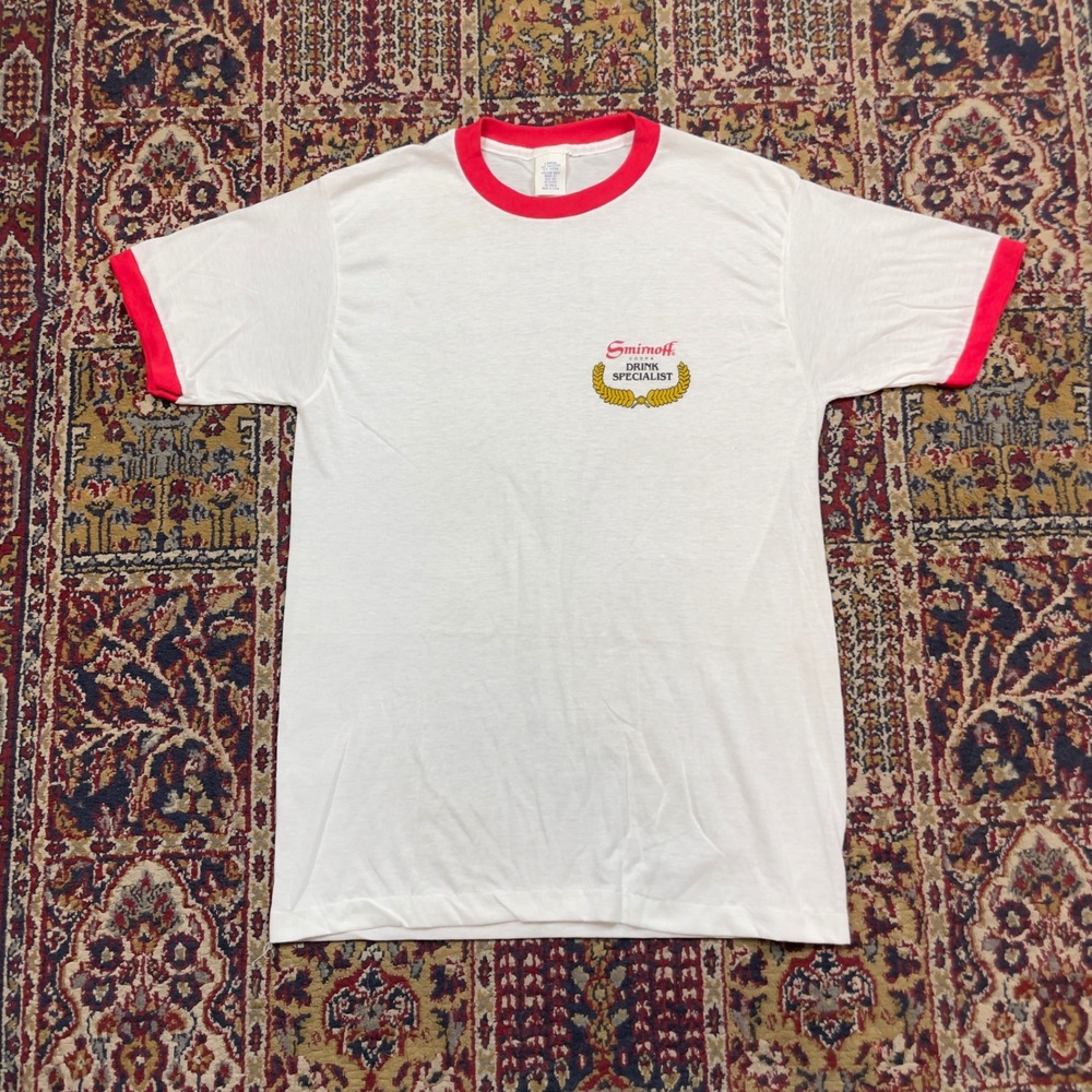 VTG 70s 80s Smirnoff Vodka Drink Specialist Ringer T-Shirt White Red Large USA‎